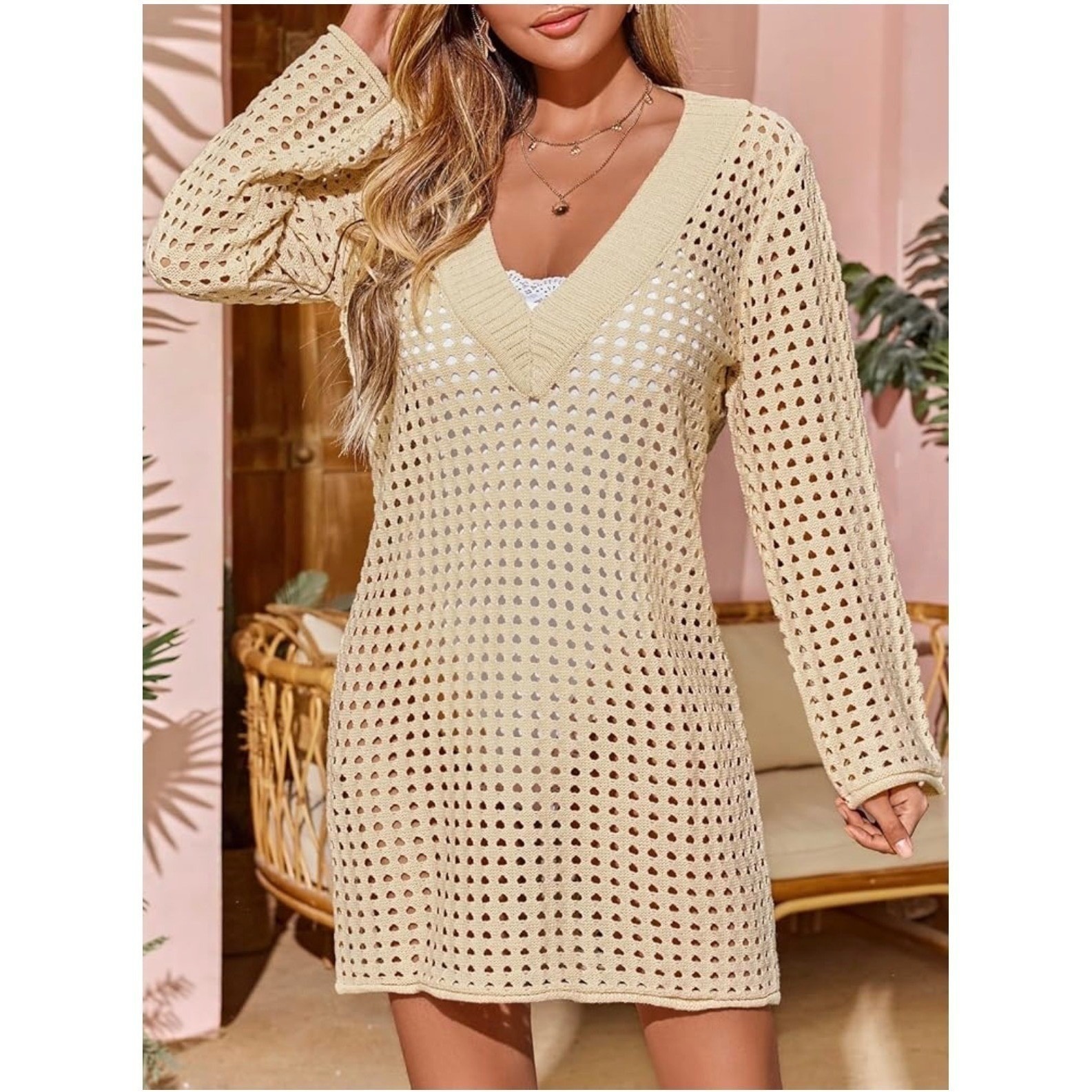 Women White Crochet V Neck Long Sleeve Beach Cover Up Dress L